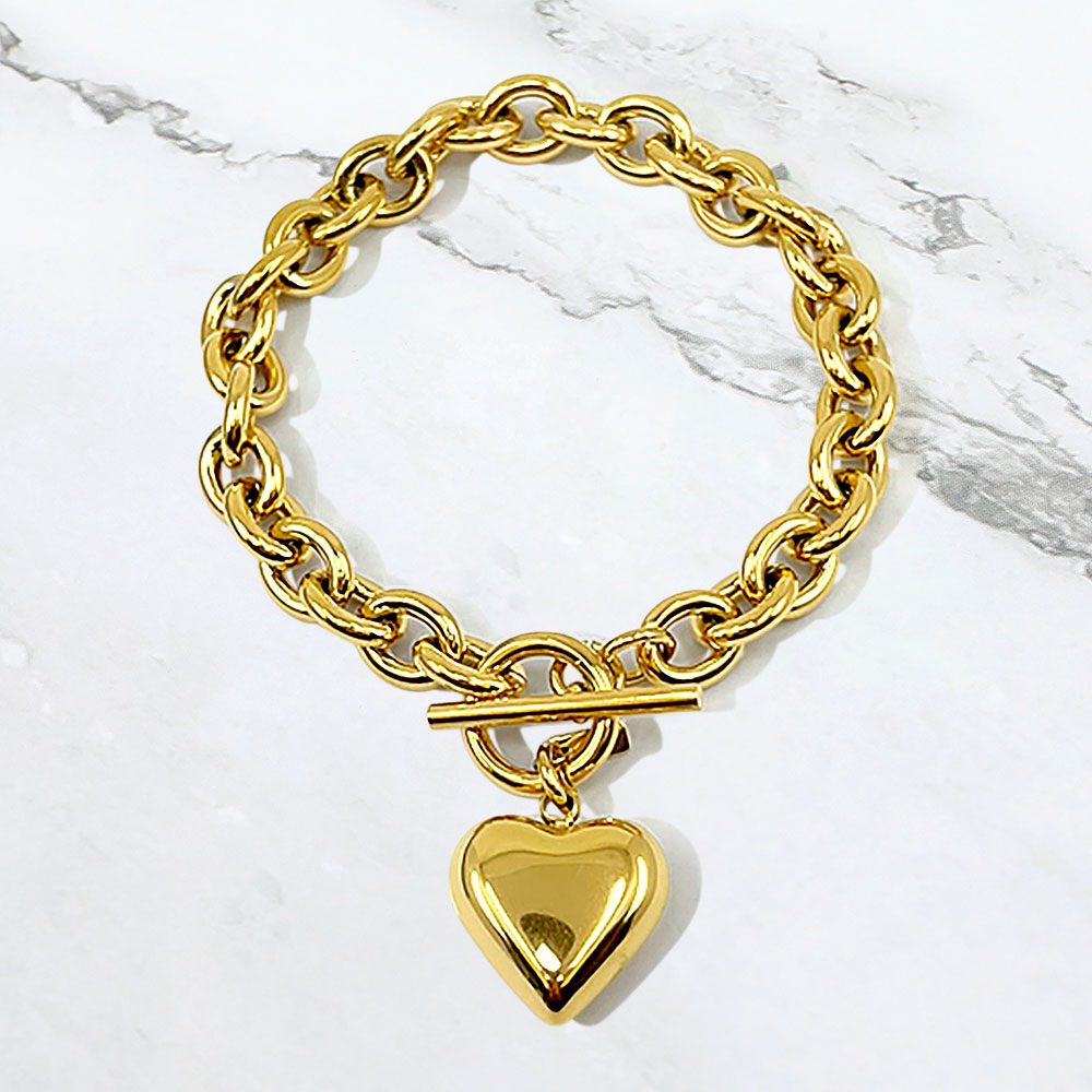Stainless Steel Puffy Heart Charm Toggle Bracelet