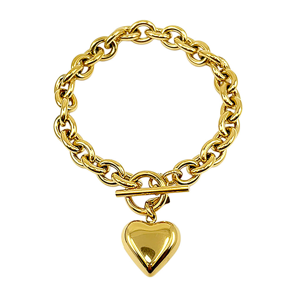 Stainless Steel Puffy Heart Charm Toggle Bracelet