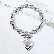 Stainless Steel Puffy Heart Charm Toggle Bracelet
