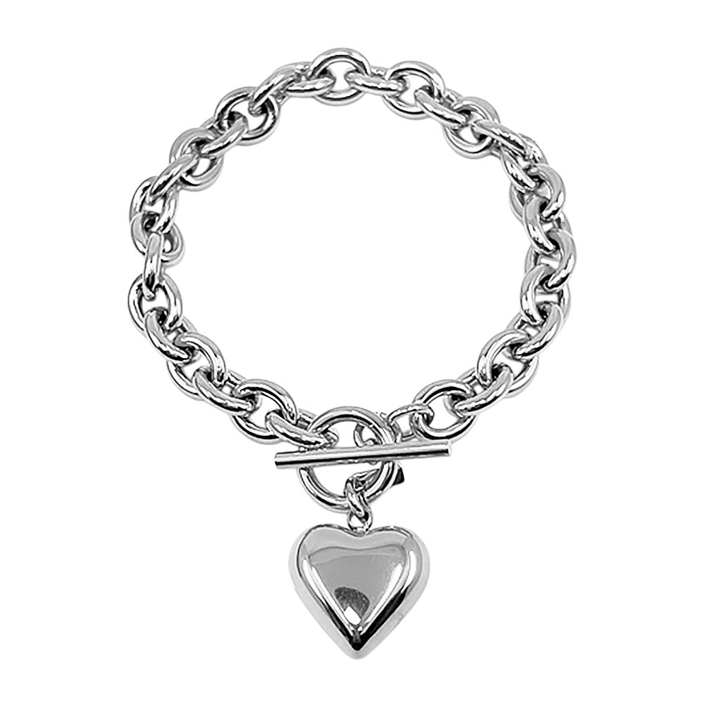 Stainless Steel Puffy Heart Charm Toggle Bracelet