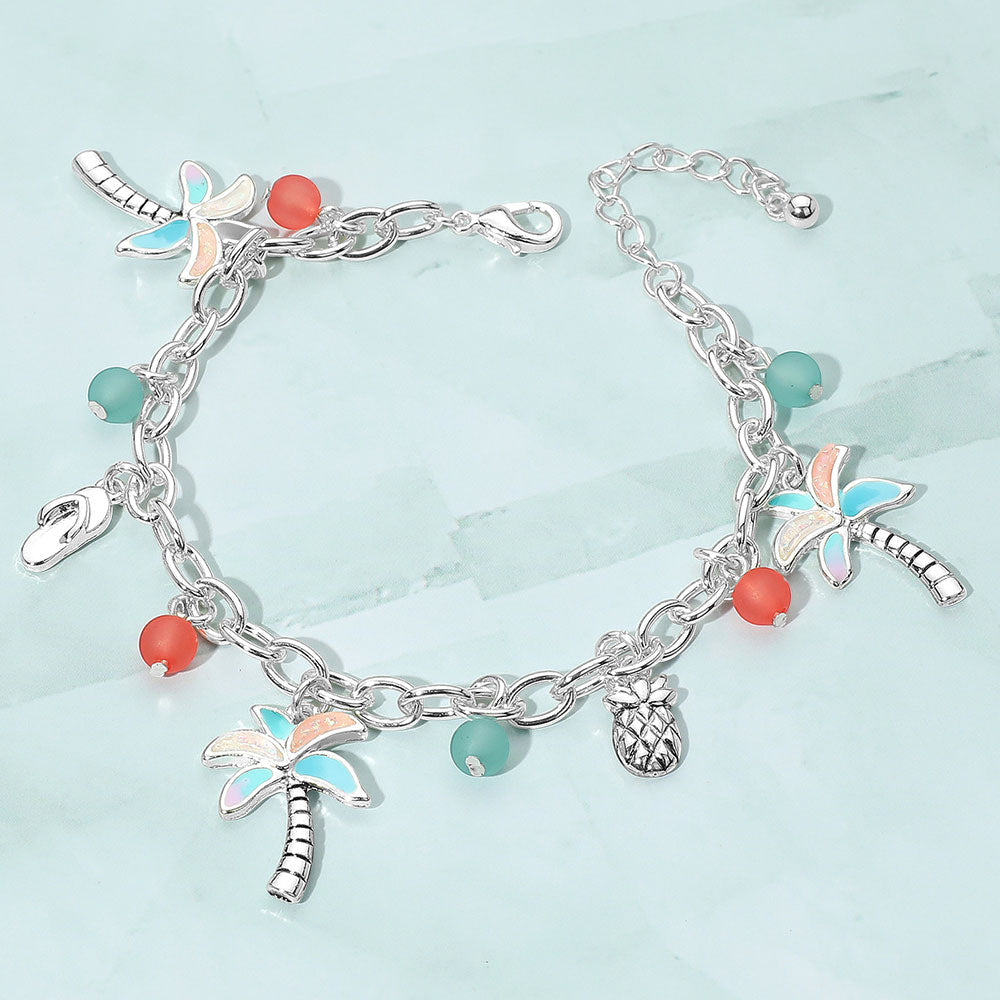 Tropical Palm Tree Flip Flop Pineapple Beads Charm Bracelet