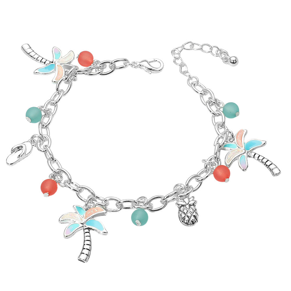 Tropical Palm Tree Flip Flop Pineapple Beads Charm Bracelet
