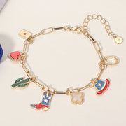Enamel American USA Flag Western Cowboy Boot Hat cactus Heart Horseshoe Quatrefoil Charm Station Bracelet
