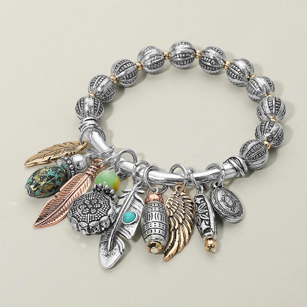 Boho Leaf Feather Wing Beads Charm Beaded Stretch Bracelet