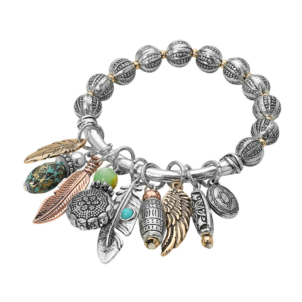 Boho Leaf Feather Wing Beads Charm Beaded Stretch Bracelet