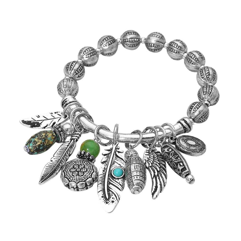 Boho Leaf Feather Wing Beads Charm Beaded Stretch Bracelet