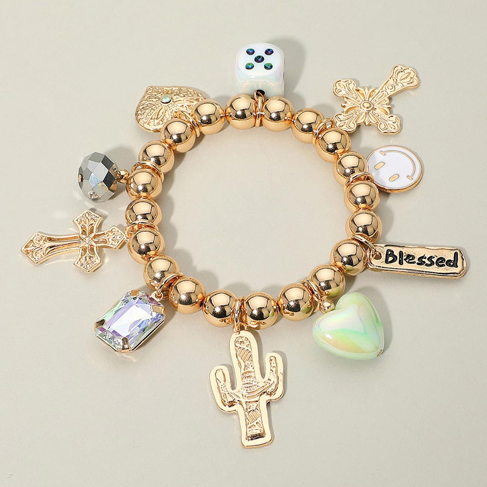Western Blessed Cactus Cowboy Boot Dice Cross Pearl Charm Beaded Stretch Bracelet