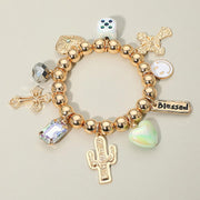 Western Blessed Cactus Cowboy Boot Dice Cross Pearl Charm Beaded Stretch Bracelet