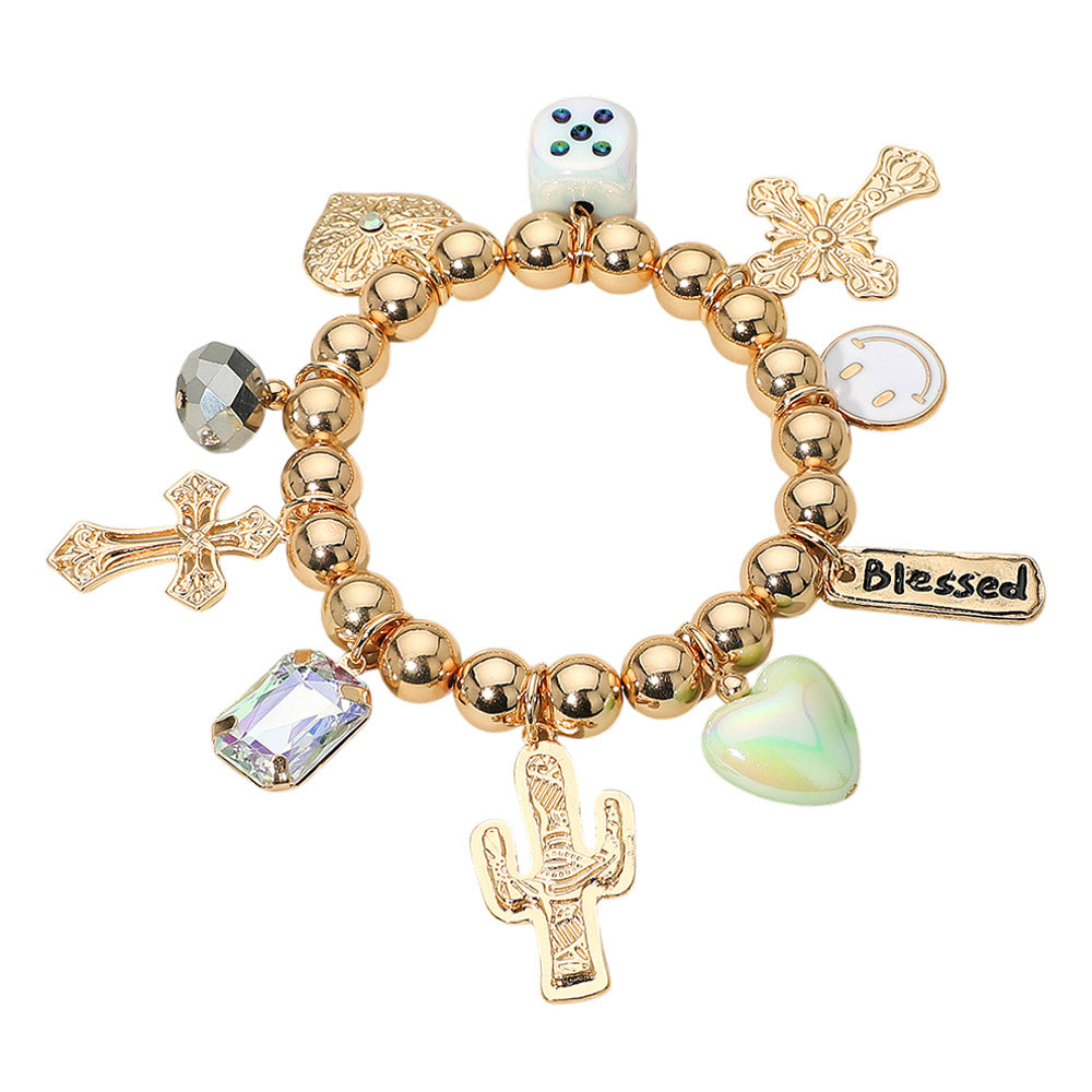 Western Blessed Cactus Cowboy Boot Dice Cross Pearl Charm Beaded Stretch Bracelet