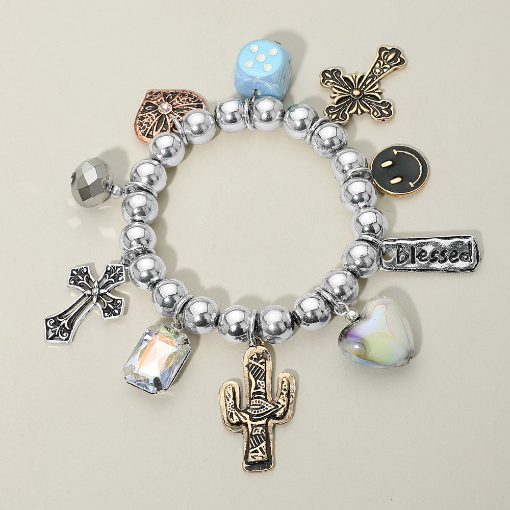 Western Blessed Cactus Cowboy Boot Dice Cross Pearl Charm Beaded Stretch Bracelet