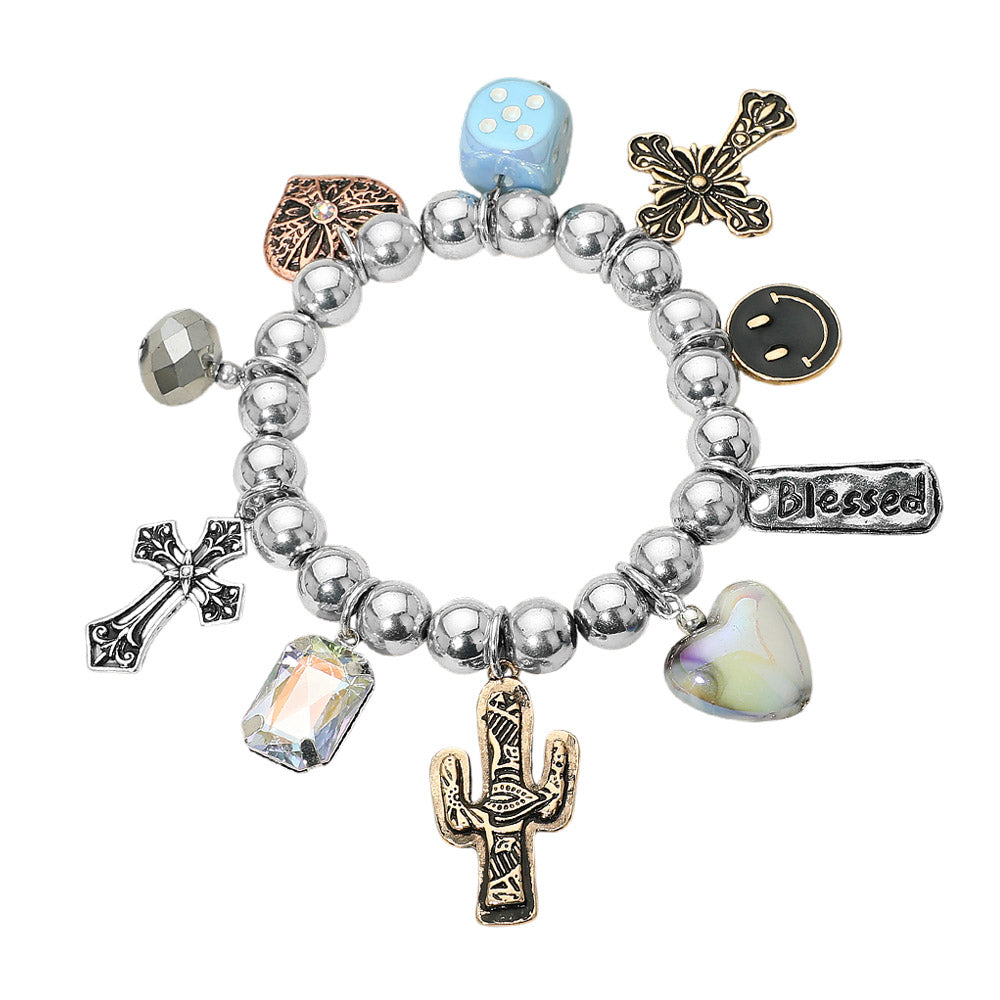 Western Blessed Cactus Cowboy Boot Dice Cross Pearl Charm Beaded Stretch Bracelet
