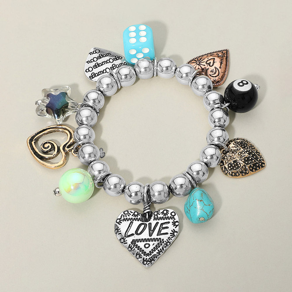 Love Heart Star Charm Beaded Stretch Bracelet