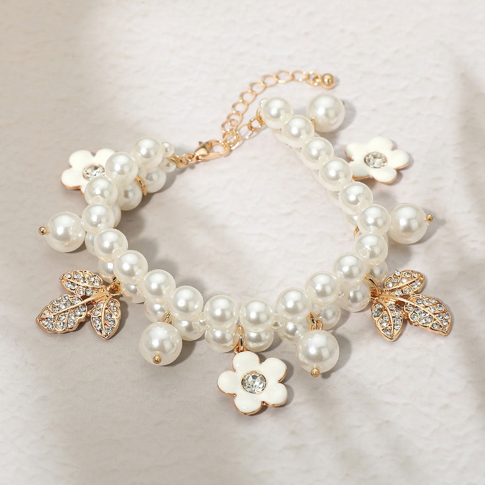 Rhinestone Pave Leaf Flower Charm Pearl Beaded Bracelet