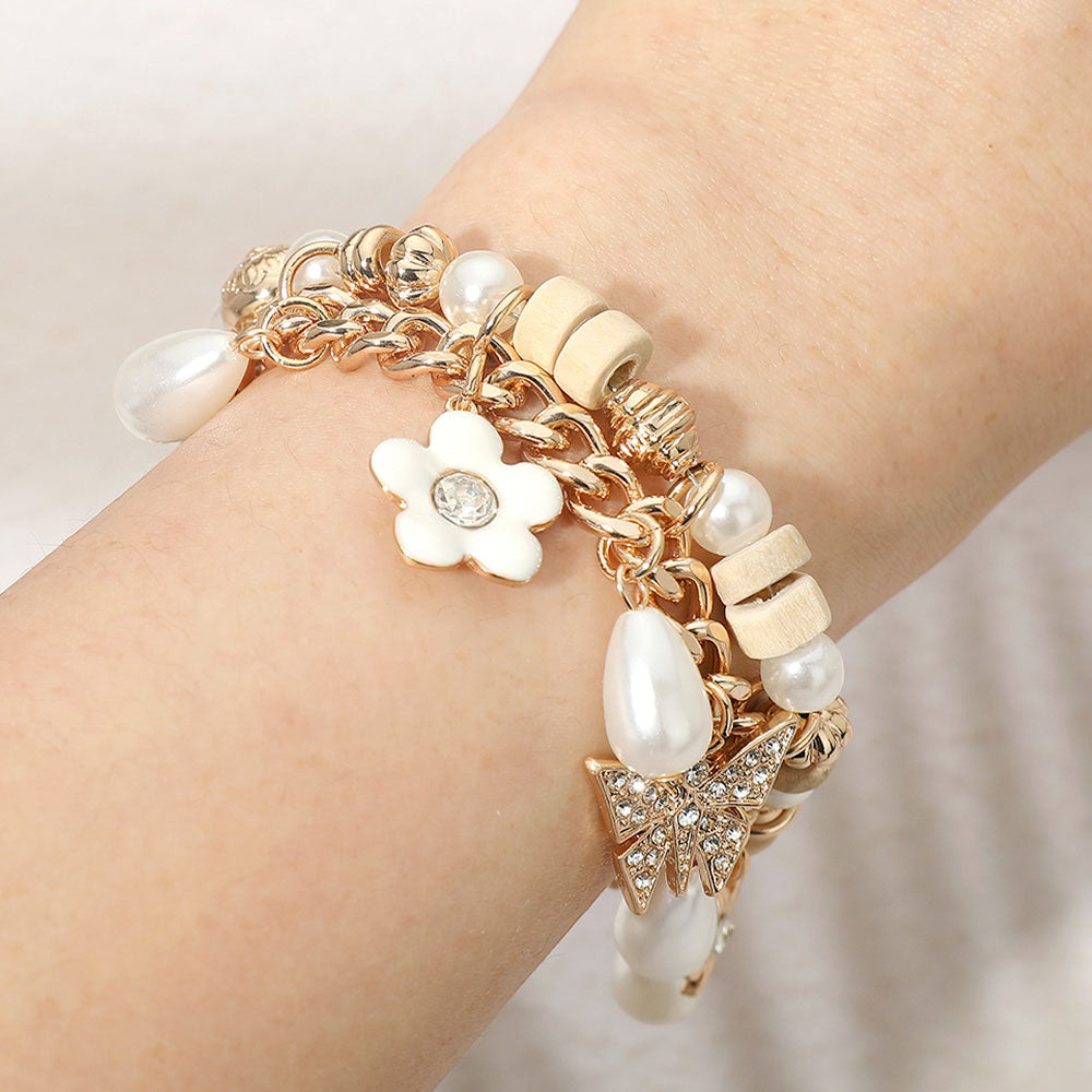Rhinestone Pave Leaf Flower Pearl Charm Wooden Beaded Bracelet