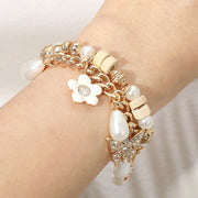 Rhinestone Pave Leaf Flower Pearl Charm Wooden Beaded Bracelet