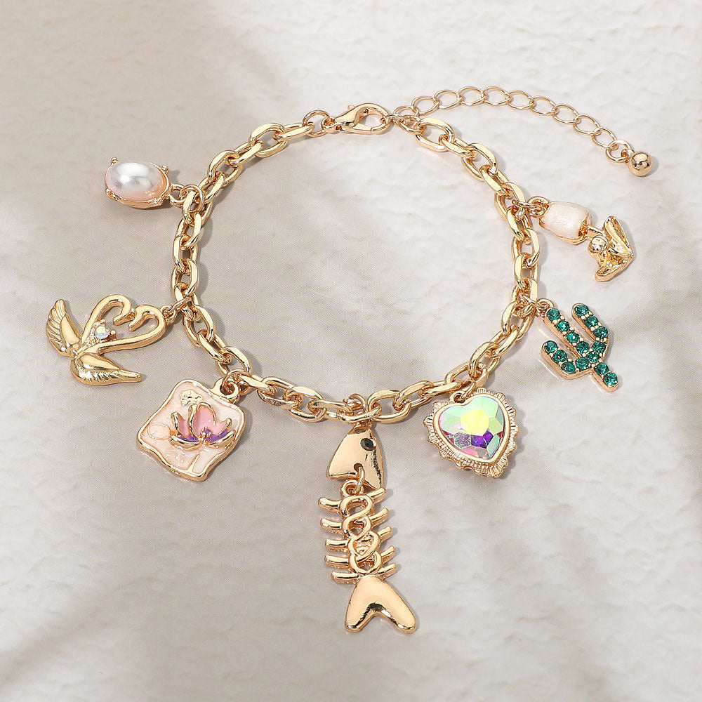 Fishbone Heart Cactus Pearl Flower Charm Station Bracelet