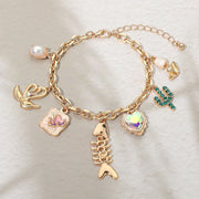 Fishbone Heart Cactus Pearl Flower Charm Station Bracelet