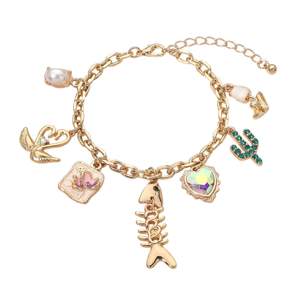 Fishbone Heart Cactus Pearl Flower Charm Station Bracelet