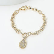 14K Gold Plate CZ Pave Teardrop Charm Mariner Link Chain Bracelet