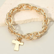 Women's Metal Cross Charm Chunky Chain Link Stretch Bracelet