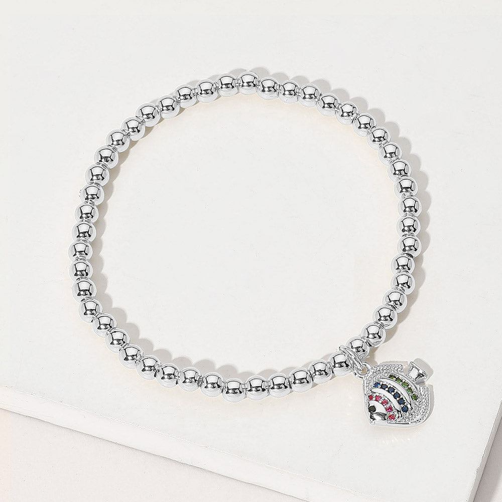 Stainless Steel Ball Stone Paved Fish Charm Beaded Stretch Bracelet