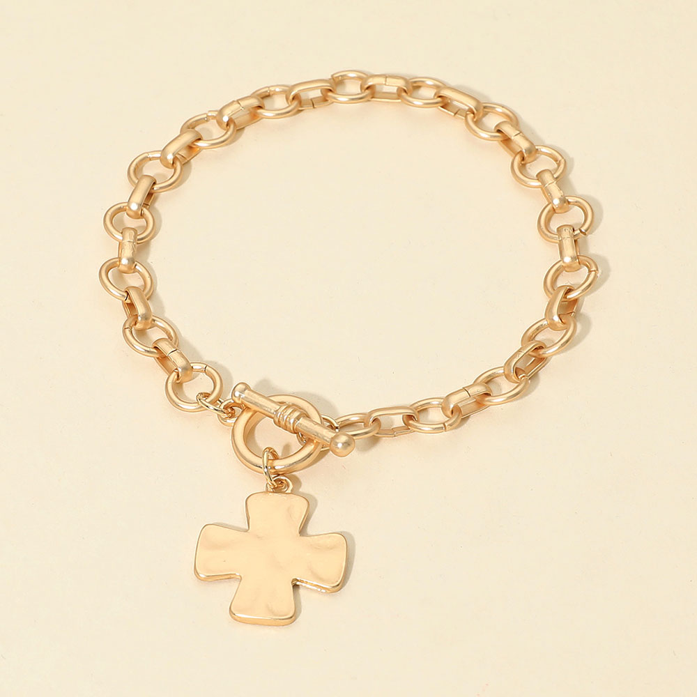 Matte Hammered Metal Cross Charm Toggle Chain Link Bracelet