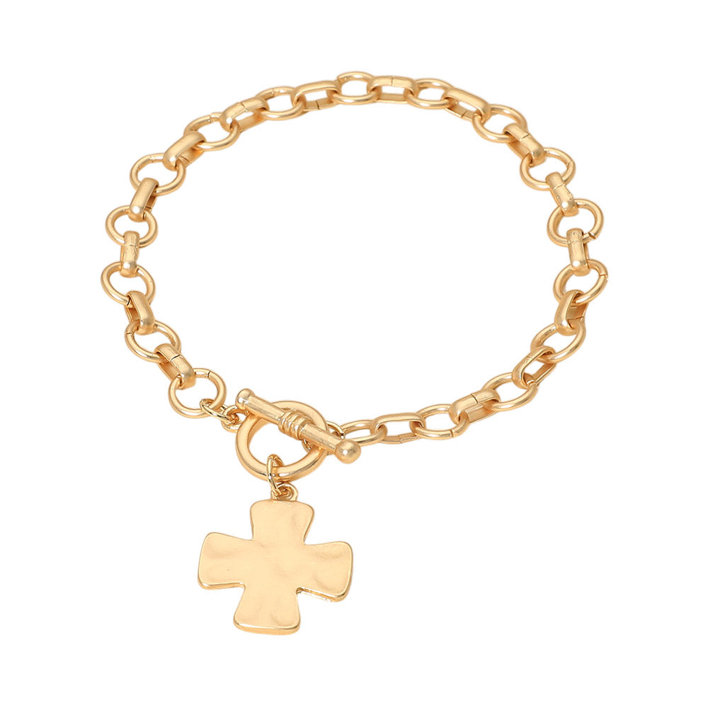 Matte Hammered Metal Cross Charm Toggle Chain Link Bracelet