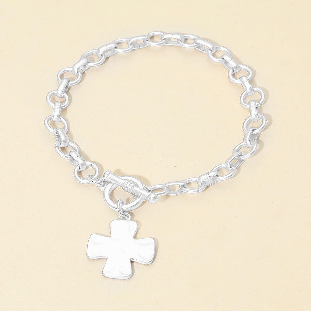 Matte Hammered Metal Cross Charm Toggle Chain Link Bracelet