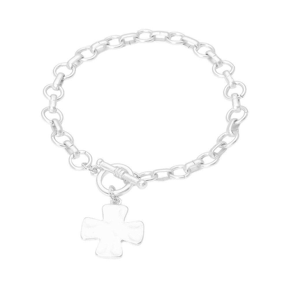 Matte Hammered Metal Cross Charm Toggle Chain Link Bracelet