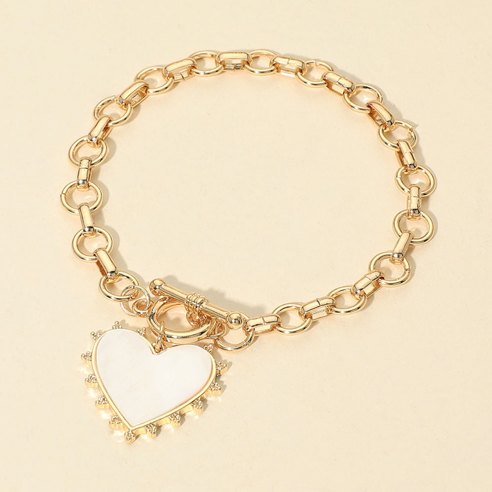 Bead Mother of Pearl Heart Charm Toggle Chain Bracelet