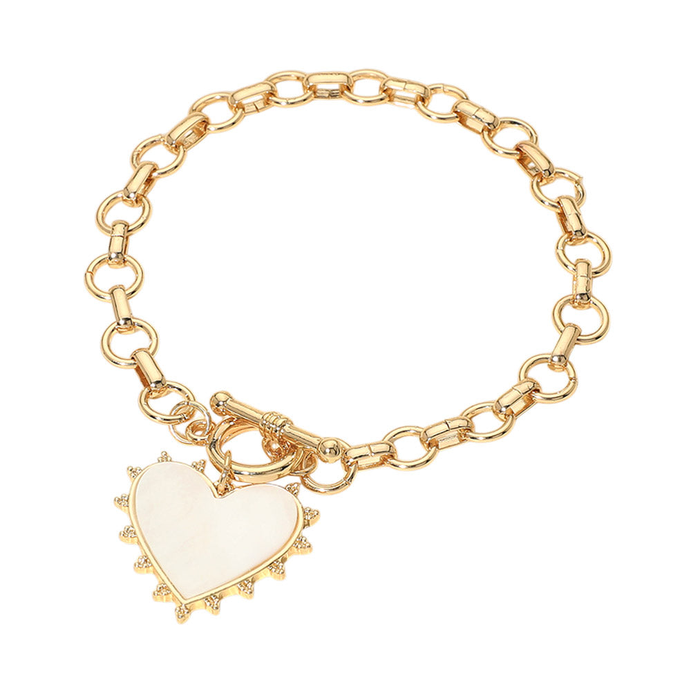 Bead Mother of Pearl Heart Charm Toggle Chain Bracelet