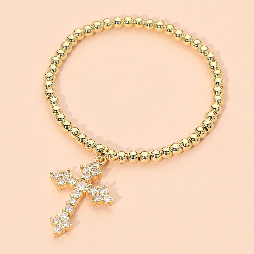 Stainless Steel CZ Cross Charm Beaded Stretch Bracelet