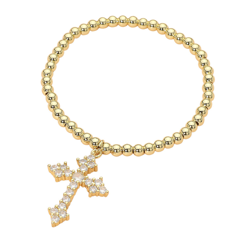 Stainless Steel CZ Cross Charm Beaded Stretch Bracelet