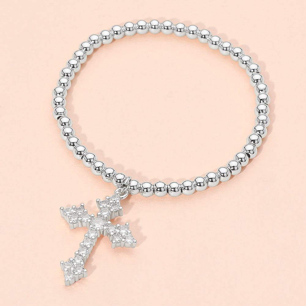 Stainless Steel CZ Cross Charm Beaded Stretch Bracelet
