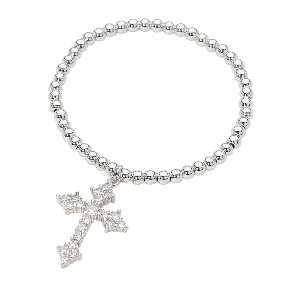 Stainless Steel CZ Cross Charm Beaded Stretch Bracelet