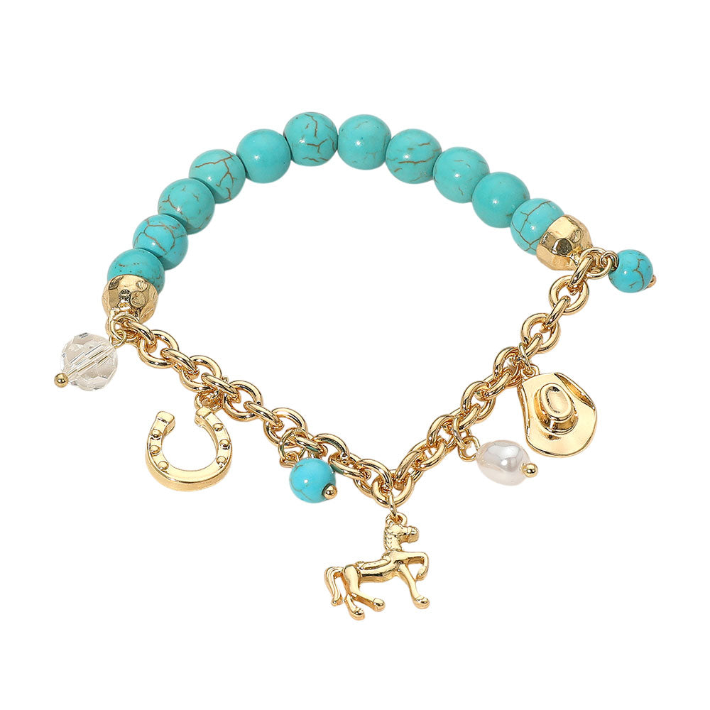 SECRET BOX_Western Horse Horse Shoe Cowboy Hat Pearl Charm Beaded Stretch Bracelet