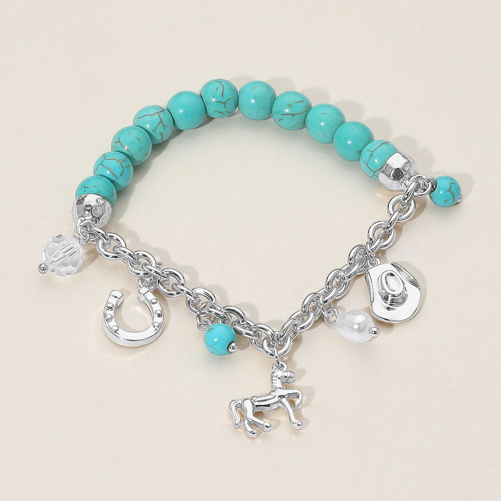 SECRET BOX_Western Horse Horse Shoe Cowboy Hat Pearl Charm Beaded Stretch Bracelet