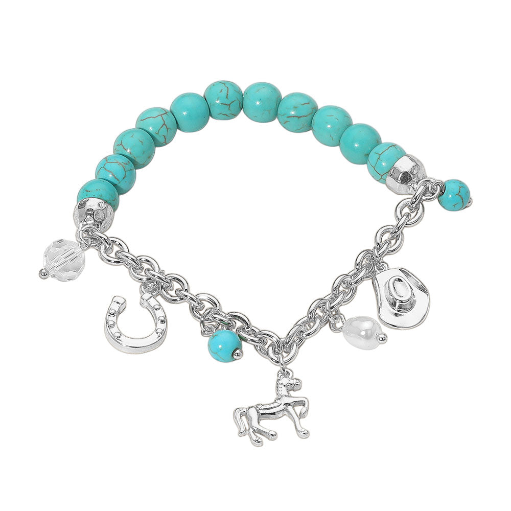 SECRET BOX_Western Horse Horse Shoe Cowboy Hat Pearl Charm Beaded Stretch Bracelet