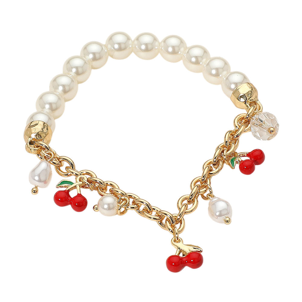 SECET BOX_Cherry Charm Pearl Beaded Stretch Bracelet