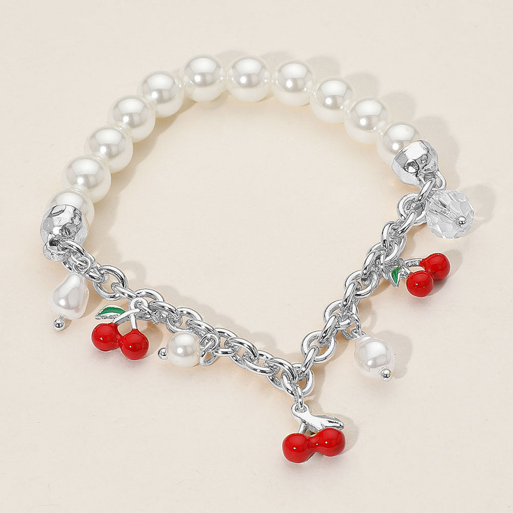 SECET BOX_Cherry Charm Pearl Beaded Stretch Bracelet