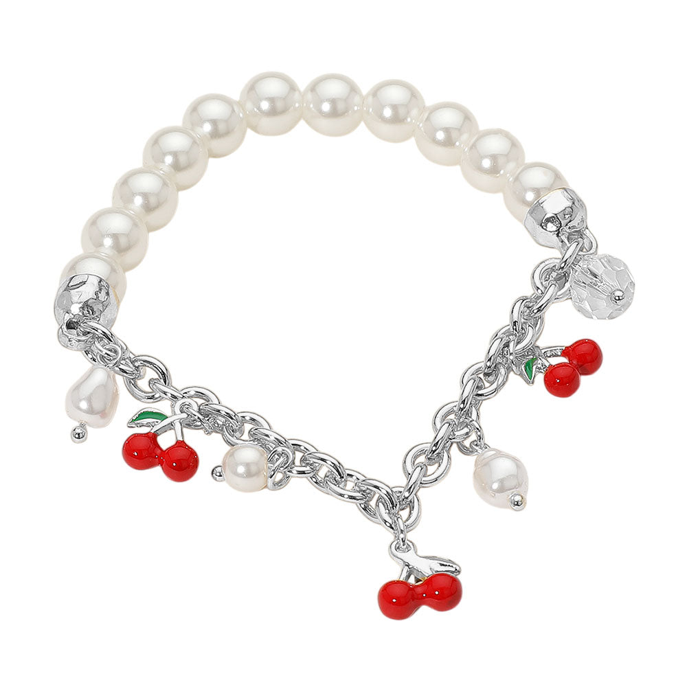 SECET BOX_Cherry Charm Pearl Beaded Stretch Bracelet