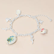 Vintage Floral Ceramic Charm Metal Angel Flower Stem Honey Bee Charm Station Bracelet