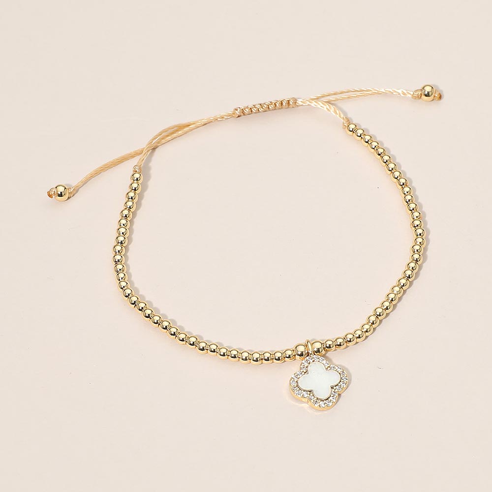 CZ Rim Mother of Pearl Quatrefoil Charm Beaded Adjustable Cinch Pull Tie Bracelet