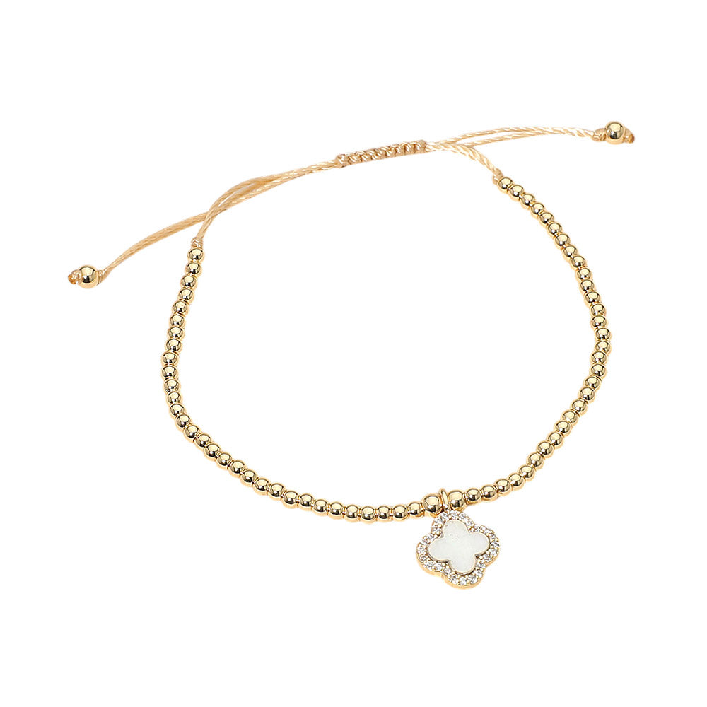 CZ Rim Mother of Pearl Quatrefoil Charm Beaded Adjustable Cinch Pull Tie Bracelet