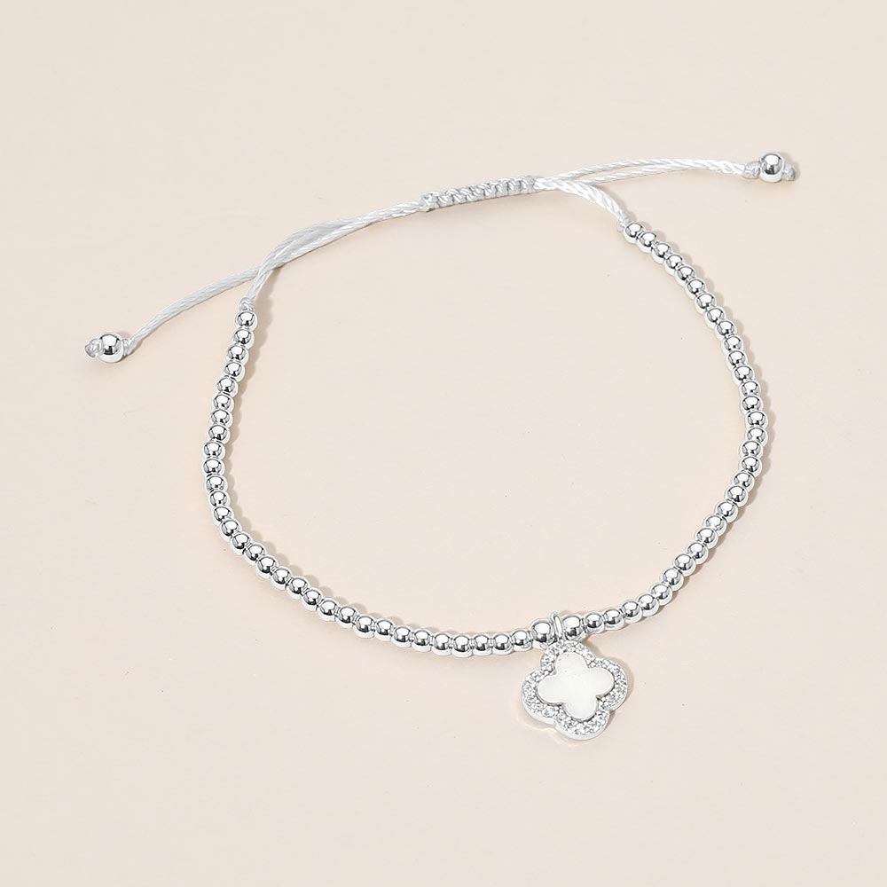 CZ Rim Mother of Pearl Quatrefoil Charm Beaded Adjustable Cinch Pull Tie Bracelet