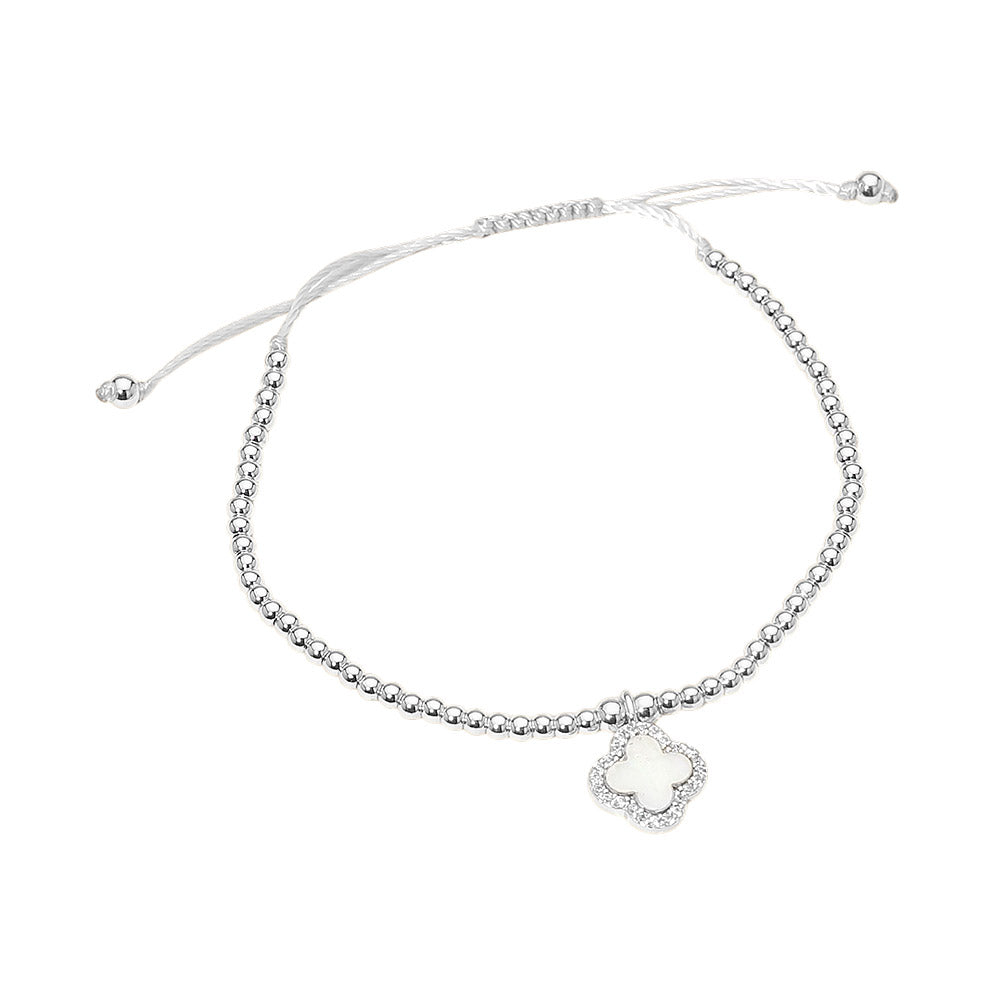CZ Rim Mother of Pearl Quatrefoil Charm Beaded Adjustable Cinch Pull Tie Bracelet
