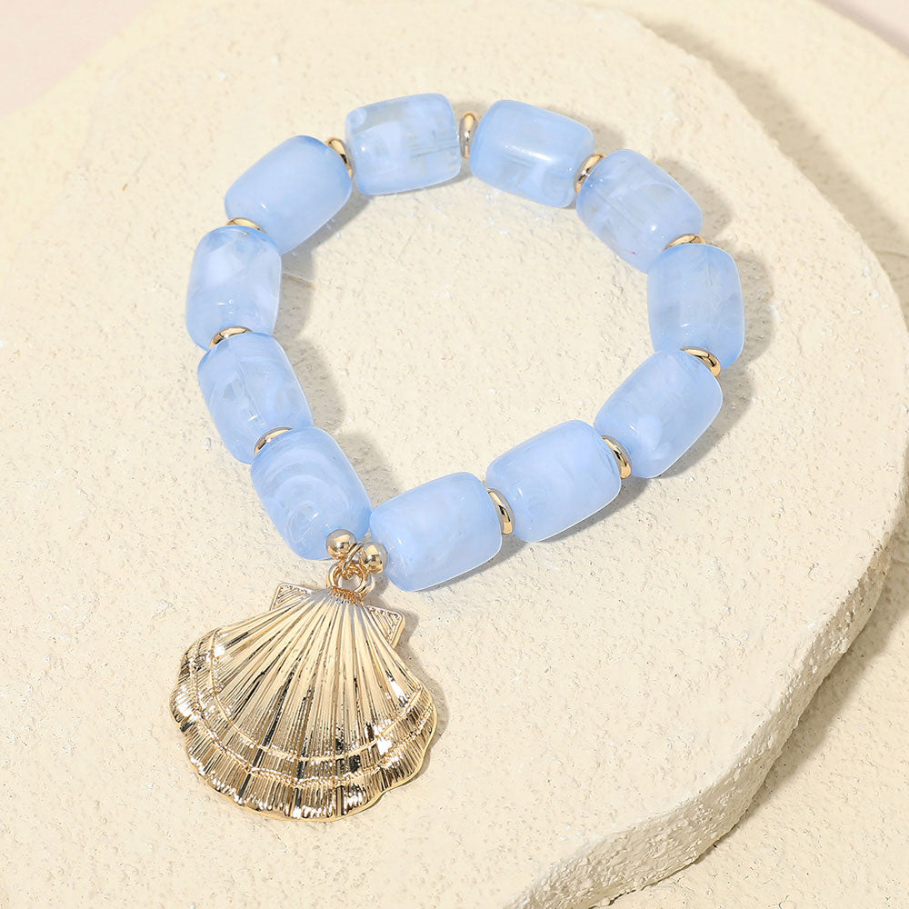 Bold Textured Seashell Charm Chunky Resin Beaded Stretch Bracelet