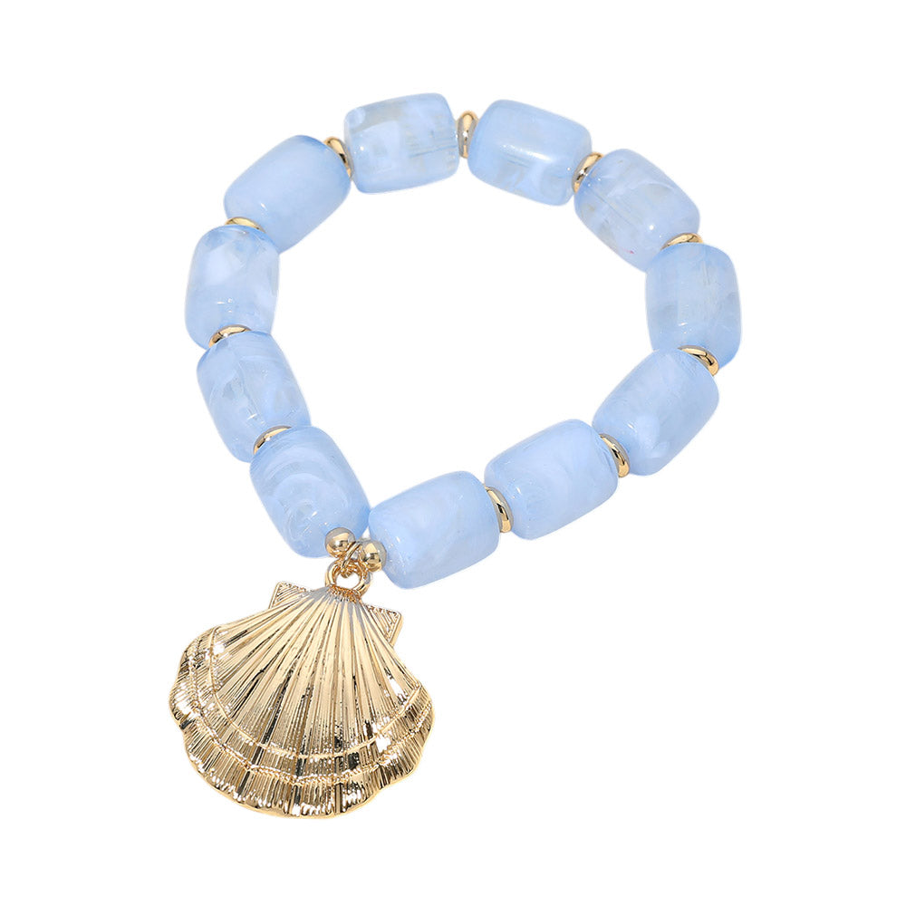 Bold Textured Seashell Charm Chunky Resin Beaded Stretch Bracelet