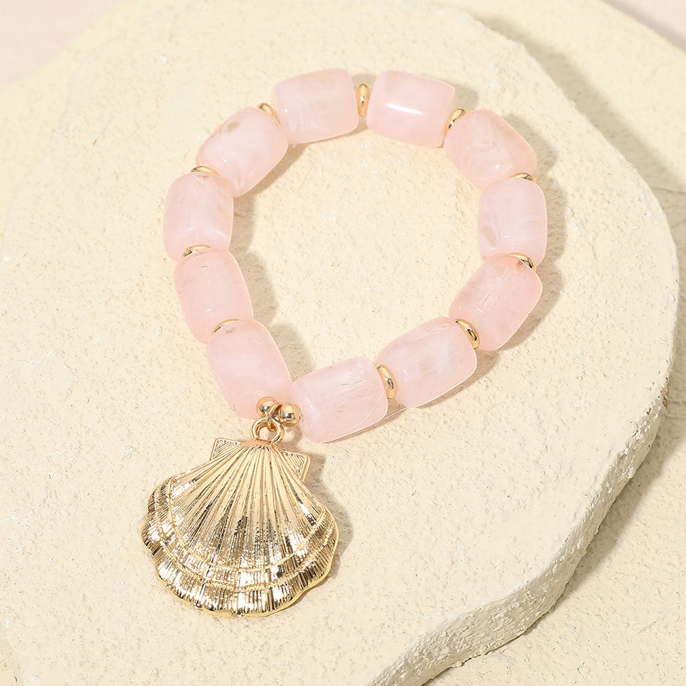 Bold Textured Seashell Charm Chunky Resin Beaded Stretch Bracelet