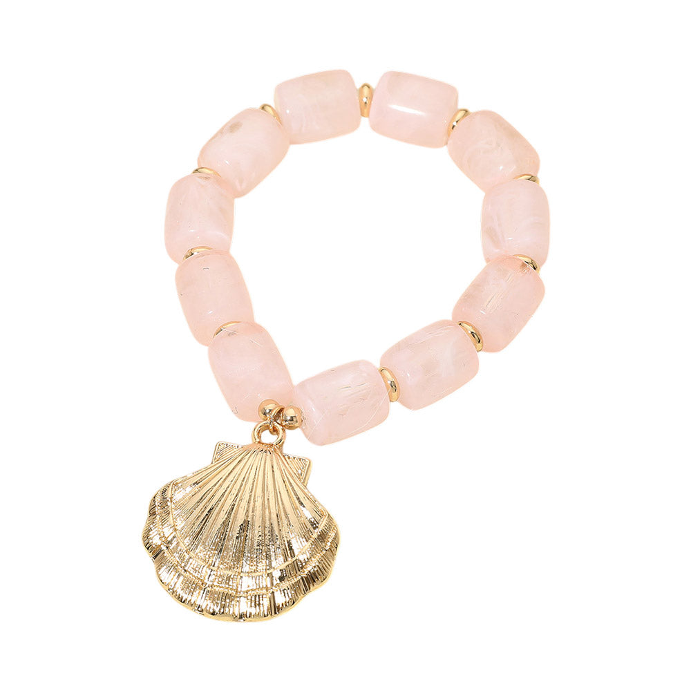 Bold Textured Seashell Charm Chunky Resin Beaded Stretch Bracelet